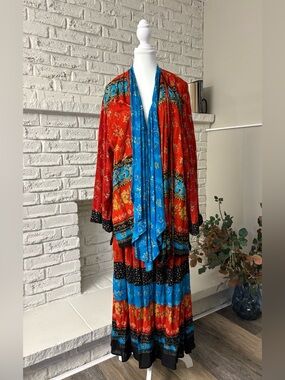 VINTAGE Carole Little 2pc Maxi Set - Crinkle Rayon Patchwork Boho - Size 16